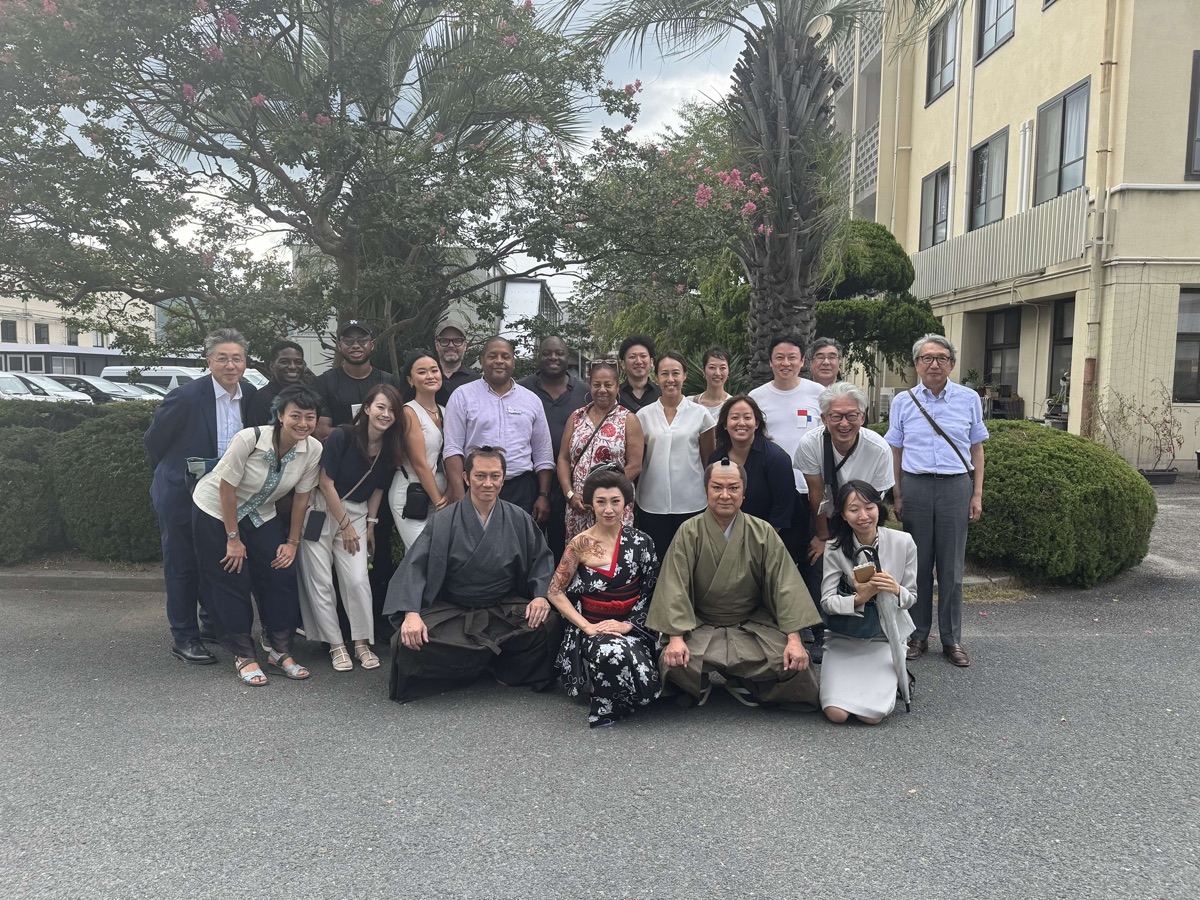 A Georgia delegation with costumed performers at a period-drama film studio in Japan