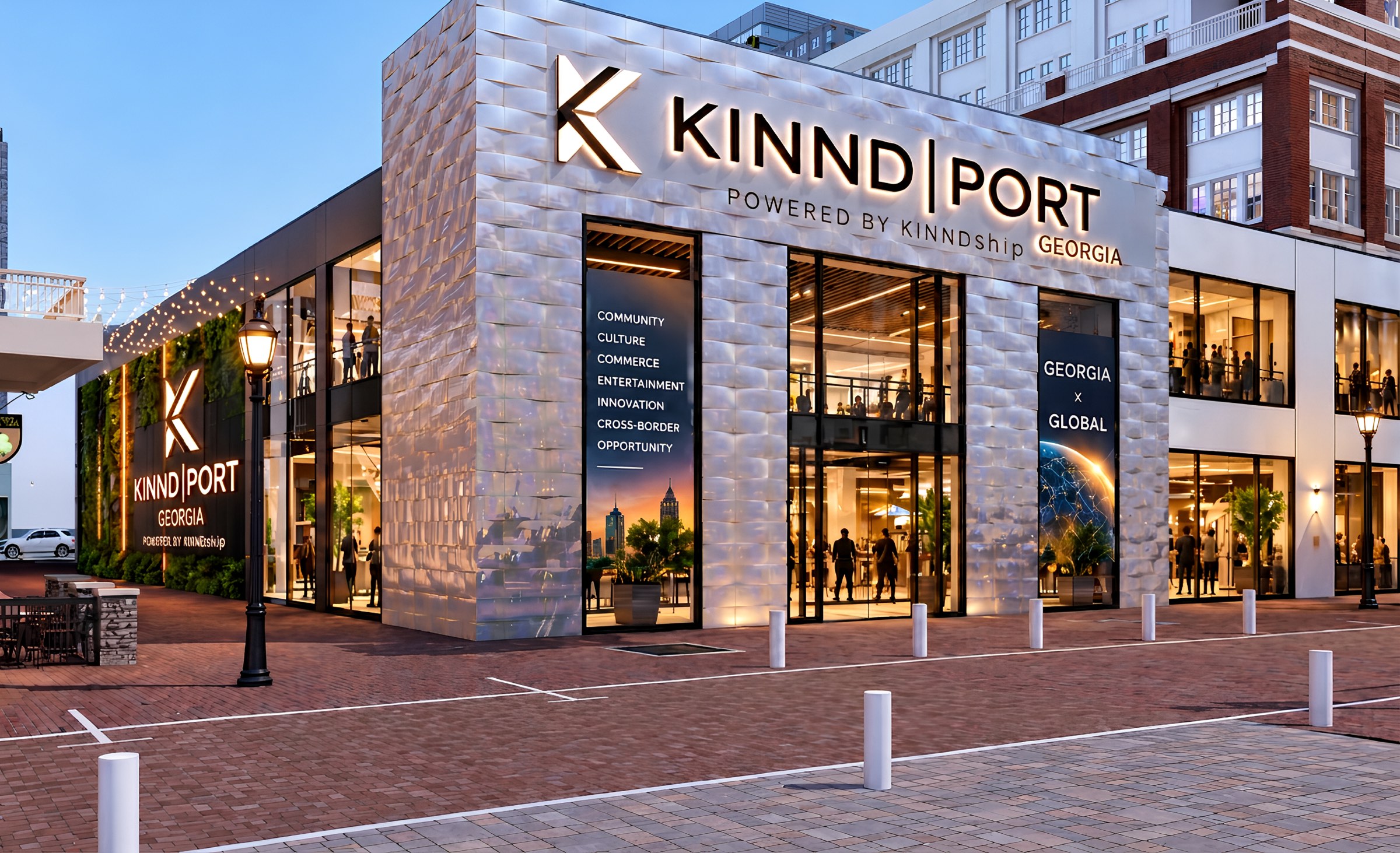 Concept visualization of KINND|PORT Georgia: a glass-fronted building at dusk with a lit KINND|PORT sign